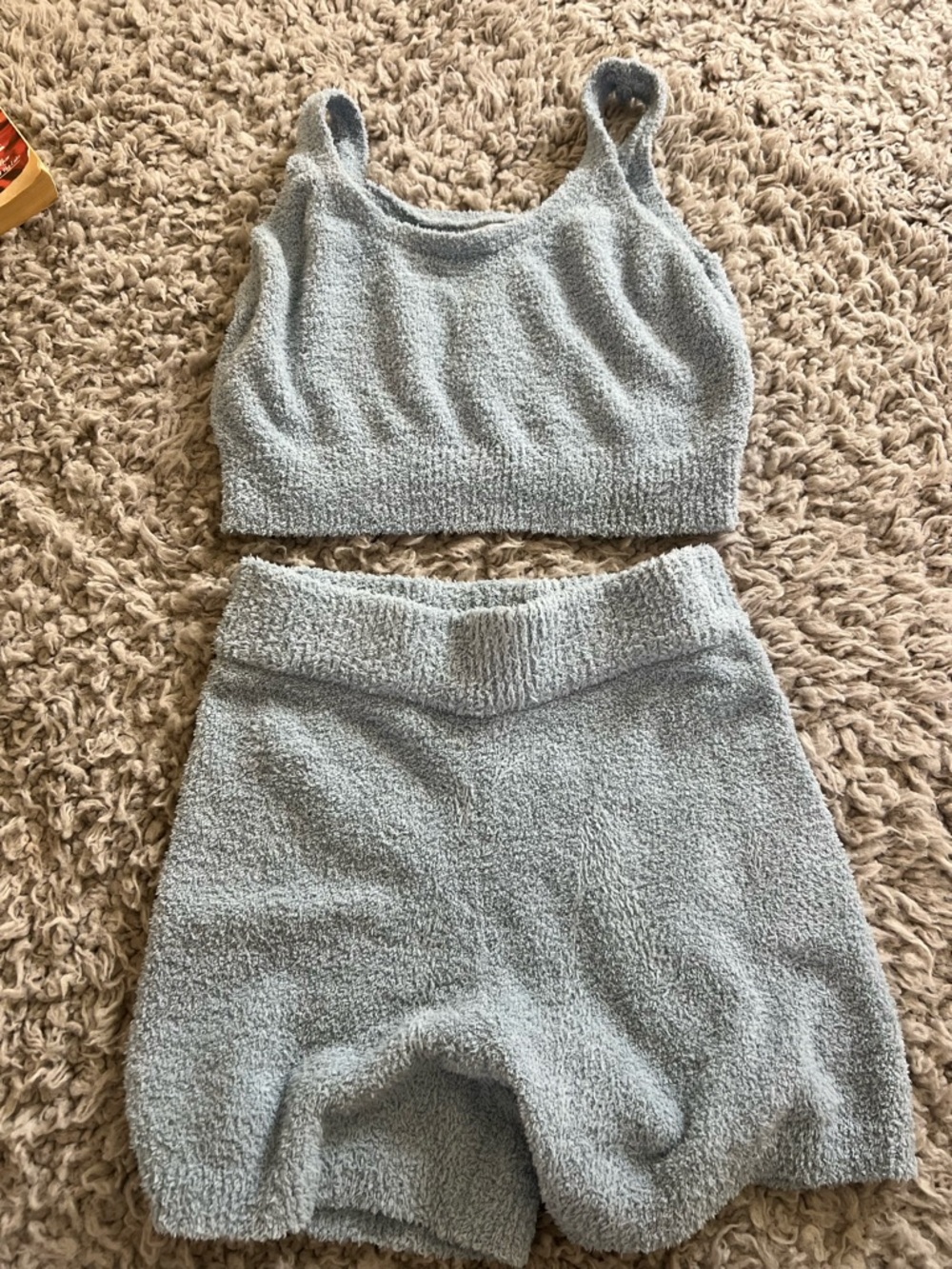 Cozy Light Blue / Gray Knit Lounge Set - Crop Tank & Shorts